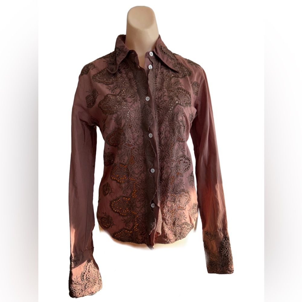 Cake Couture l Women's Brown Lace  Cutout Button-Up Top Size S